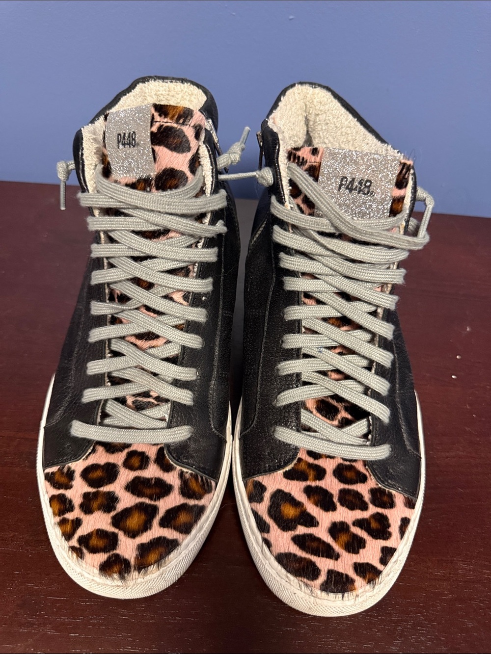 P448 Black Sneakers with Pink Leopard Accents